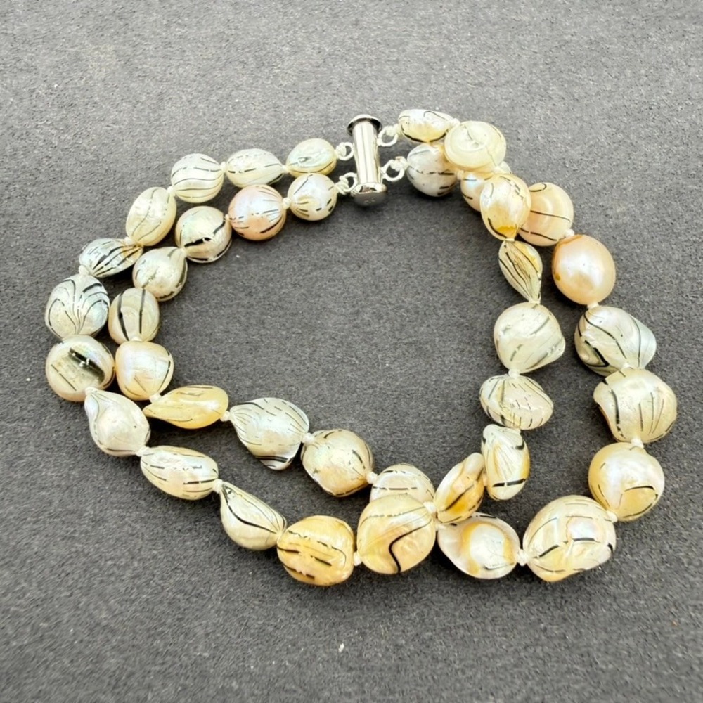 Baroque Striped Iridescent Bracelet Pearl Slide Pin Closure Double Strand Design
